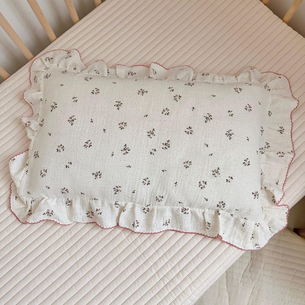 BuLuTu cotton muslin toddler pillowcase with ruffles in primrose pattern for gentle sleep