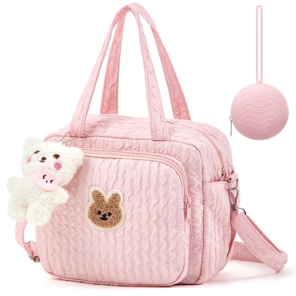 Bulyoou small diaper bag tote pink front view with accessible outer pocket for quick essentials