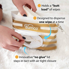 Bumco wipes dispenser inside a diaper bag for organized access.