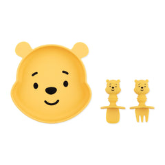 Bumkins Winnie the Pooh grip dish with suction base stabilizes self-feeding.