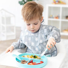 Bumkins sleeved bib gray arrows back tie closure for secure fit.