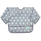 Bumkins sleeved bib gray arrows pocket catching spills during self-feeding.