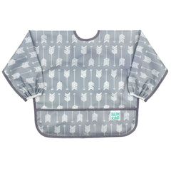 Bumkins sleeved bib gray arrows pocket catching spills during self-feeding.