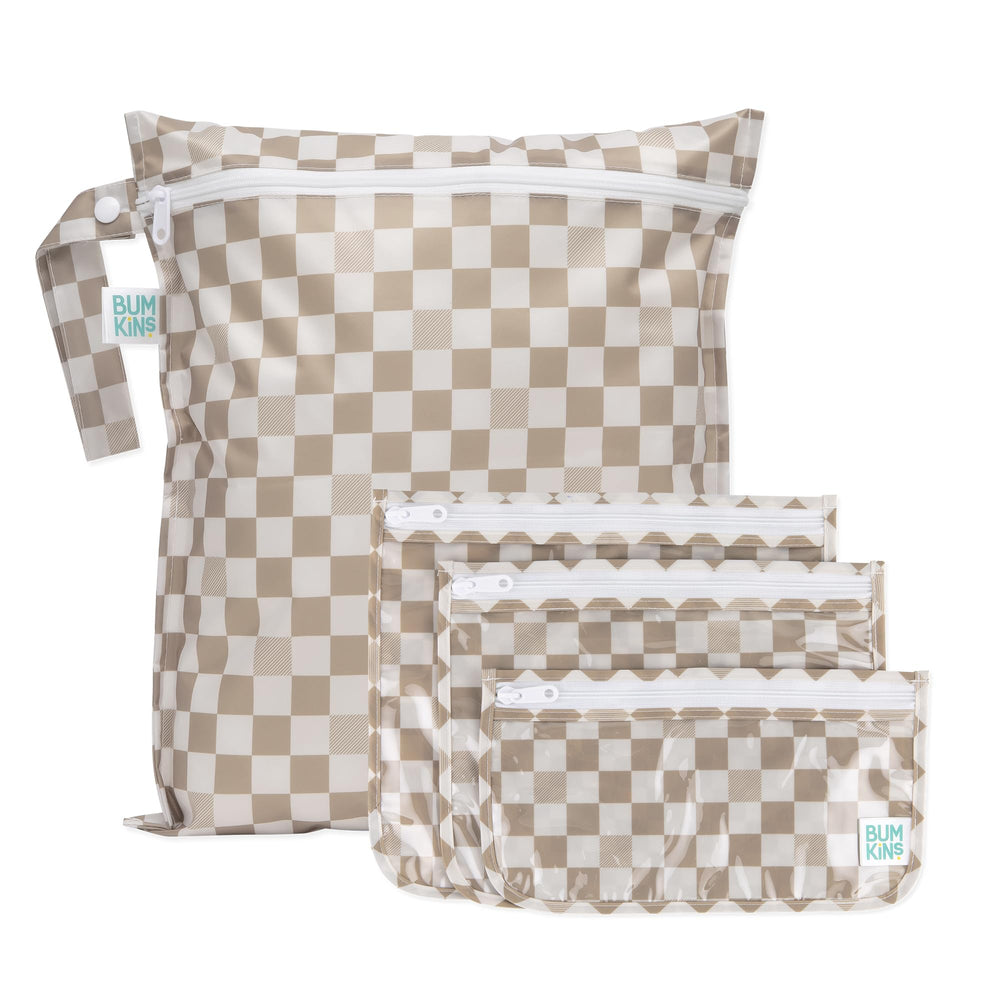 Bumkins waterproof wet bag with diapers and swimwear in reusable storage
