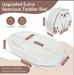 BUMNANA toddler travel bed folded for easy packing and portability.