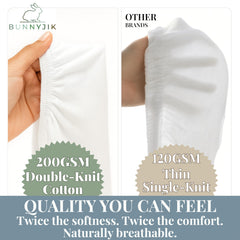 Bunnyjik GOTS organic bassinet sheets highlight pure cotton, no blends.
