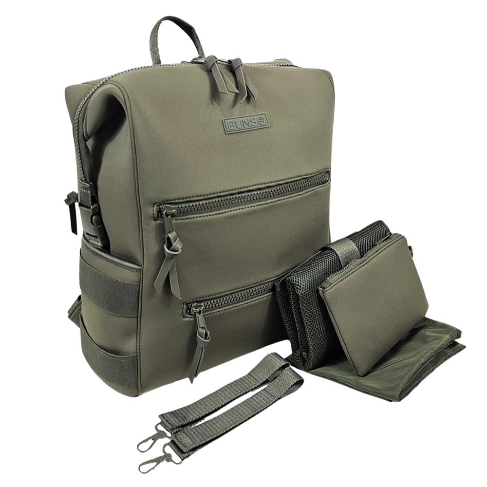 BUNSO Baby olive front view displays minimalist neoprene diaper bag design for daily use