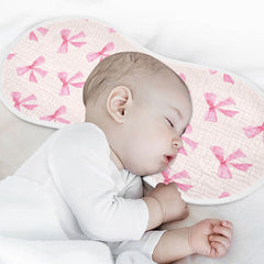 Burbuja pink bow muslin burp cloth with exquisite hemmed edge.