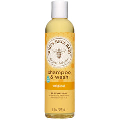 Burt's Bees Baby Bee Original Shampoo & Wash bottle demonstrates tear-free, gentle cleansing for hair and skin