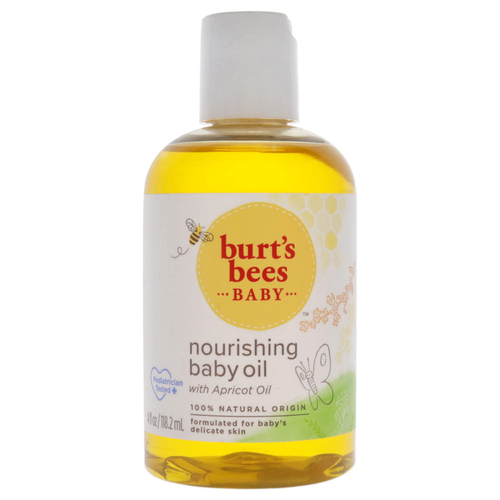 Burt's Bees Baby Oil bottle pour highlights apricot scent for gentle hydration.