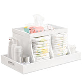 Busidhji diaper caddy top view shows wooden changing table storage in white finish