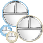 BUSOHA two-pack stainless steel plate with suction prevents spills during meals.