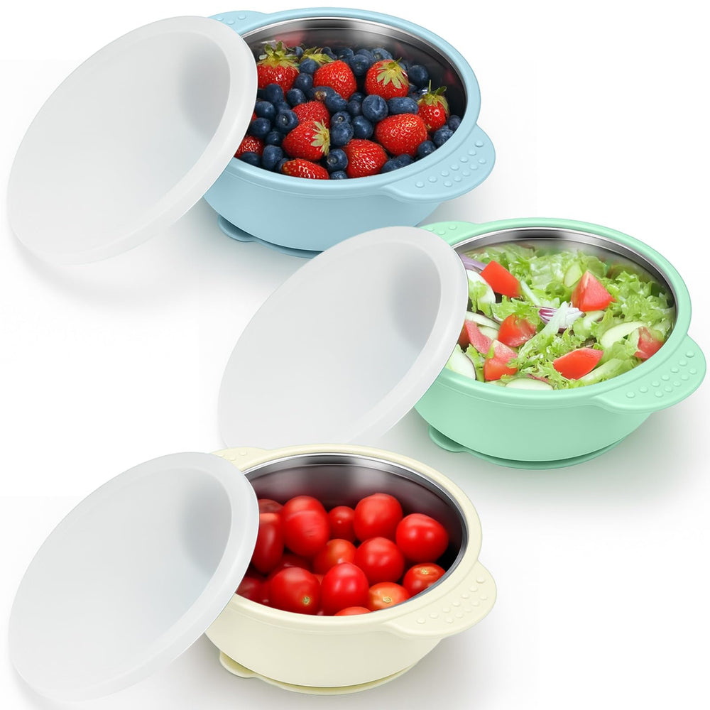 BUSOHA 3-pack baby bowls with suction base keep meals tidy and in place.