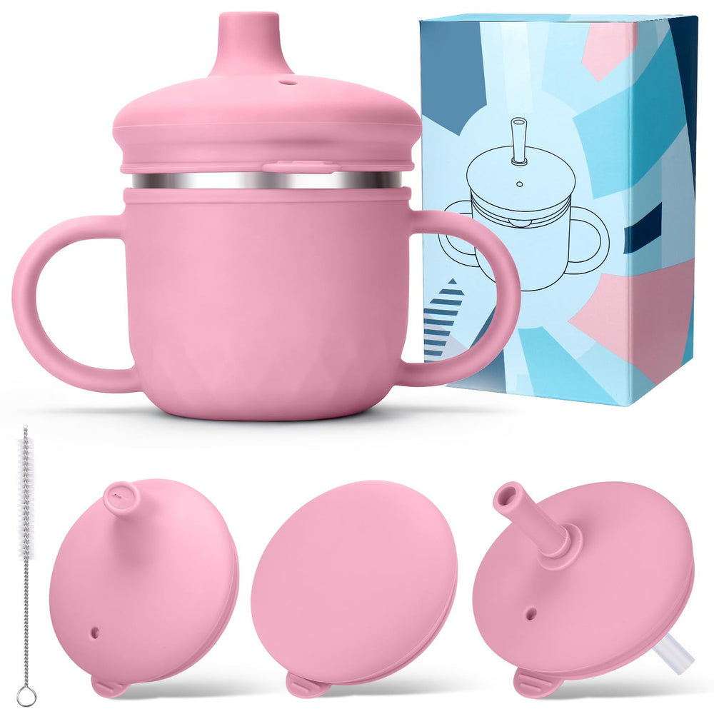BUSOHA stainless steel toddler sippy cup with spill-proof pink design for mess-free sipping.