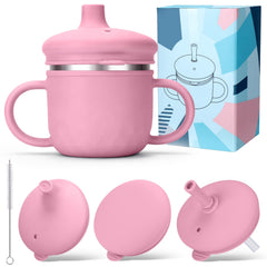 BUSOHA stainless steel toddler sippy cup with spill-proof pink design for mess-free sipping.