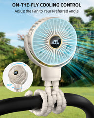 BuyWoo mini clip-on fan attached to a stroller for hands-free cooling.