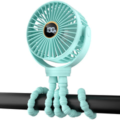 BuyWoo portable stroller mini fan clipped to a stroller handle for all-day cooling.