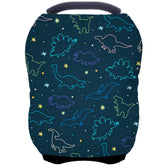 ByeBye Calorie dark blue dinosaur canopy offers full coverage for breastfeeding privacy.