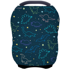 ByeBye Calorie dark blue dinosaur canopy offers full coverage for breastfeeding privacy.