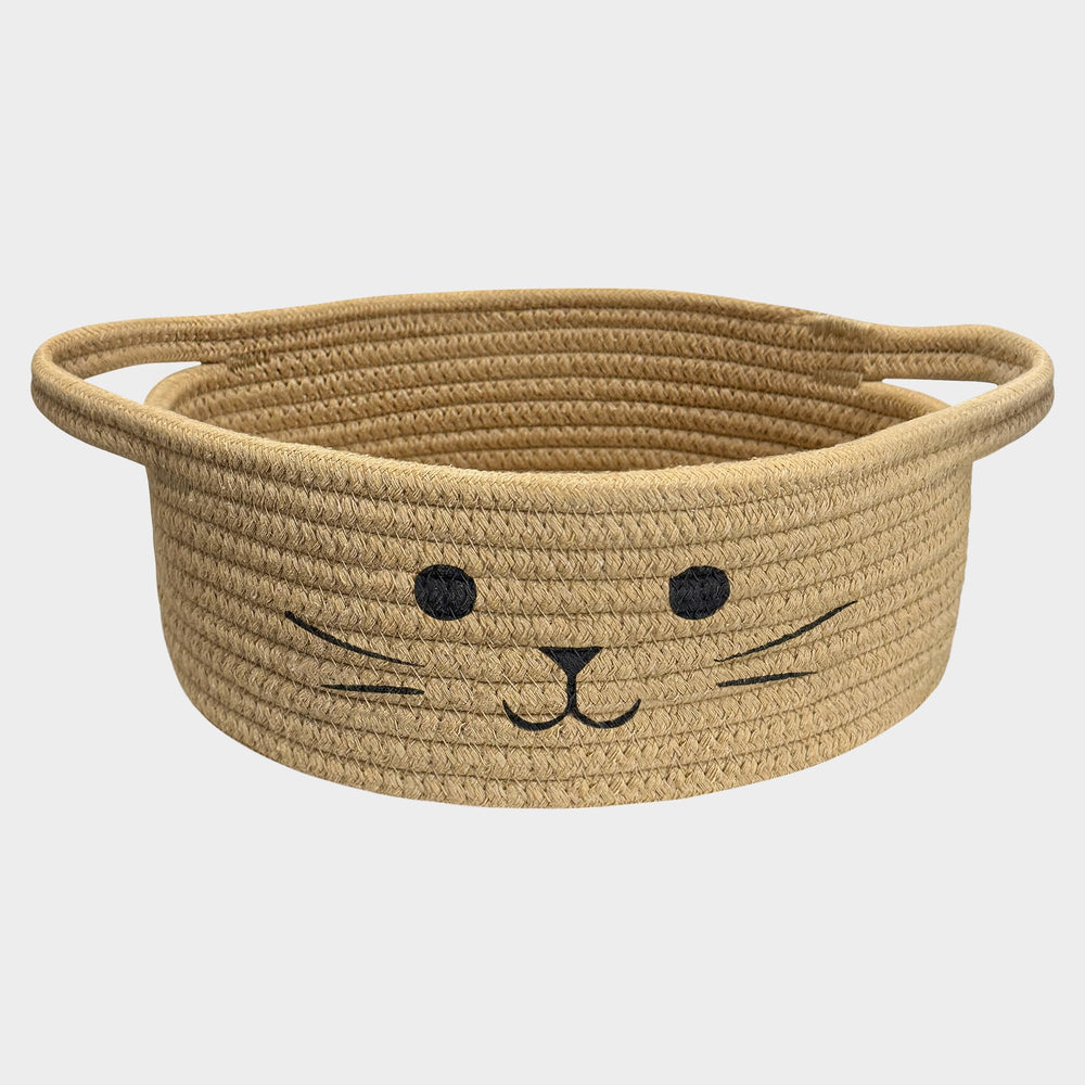 BYLSSNUK cat toy basket with hand-embroidered cat face, ideal for toy storage.