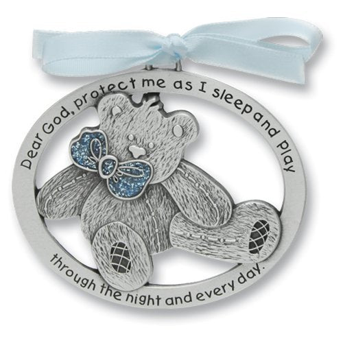 CA Sweet Teddy Bear crib medal with pewter finish and blue ribbon, ideal baptism keepsake