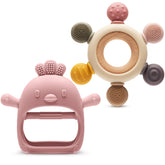 CAHILON baby teether mitten closeup for safe chewing and soothing gums.