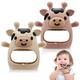 CAHILON baby teether mitten front view; safe silicone for soothing gums.