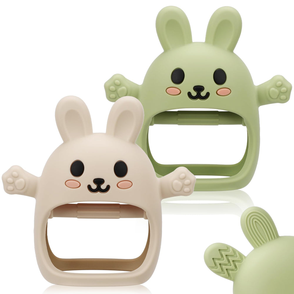 CAHILON bunny teether mitten 2-pack helps soothe gums on the go.