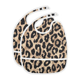 Caikeny baby bib with a gold glitter leopard pocket catches crumbs after meals.