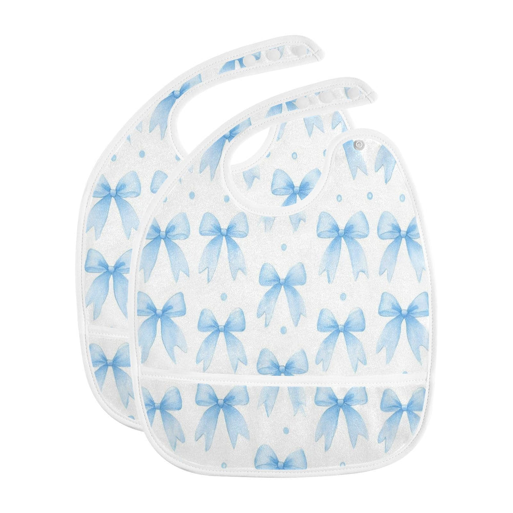 Caikeny baby bibs with watercolor Coquette blue bow and pocket view for spill control