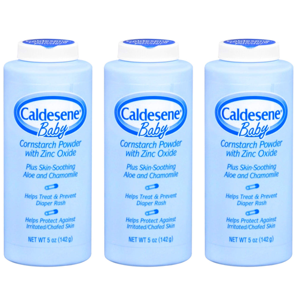 Caldesene cornstarch baby powder with zinc oxide packaging shows a 5 oz container for dry, comfortable skin