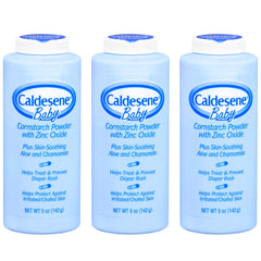 Caldesene cornstarch baby powder with zinc oxide packaging shows a 5 oz container for dry, comfortable skin