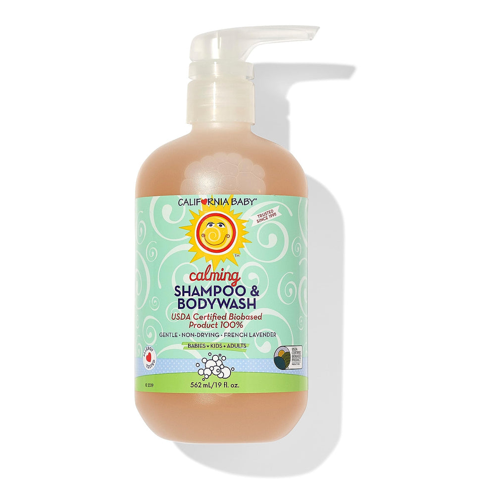California Baby Calming Shampoo bottle pour shows gentle, plant-based cleansing for sensitive skin.