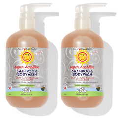 California Baby Super Sensitive bottle front showing unscented formula for gentle cleansing