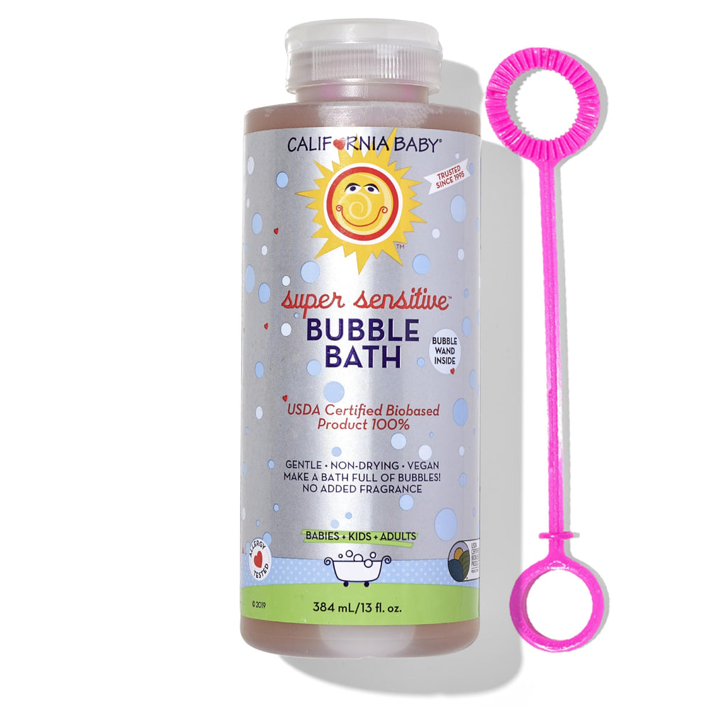 California Baby Super Sensitive Bubble Bath bottle with gentle plant-based bubbles for sensitive skin.