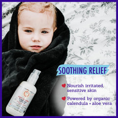 Calendula and aloe imagery with California Baby lotion for gentle skin care.