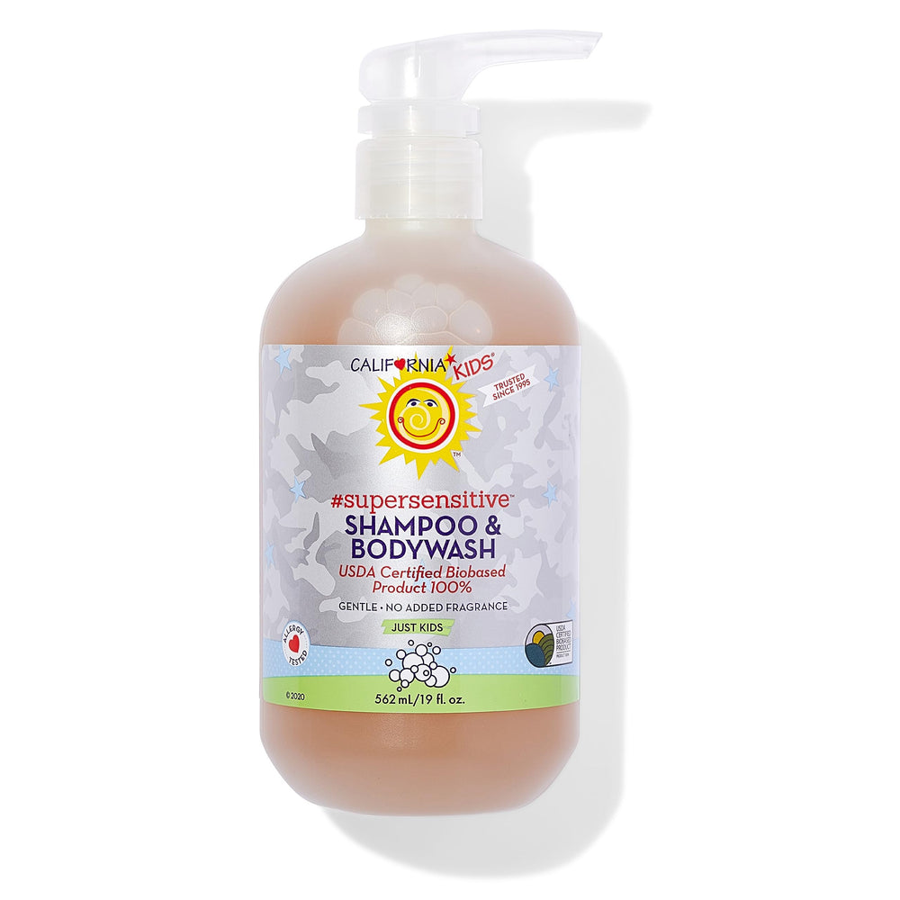 California Baby Super Sensitive shampoo bottle shows gentle plant-based cleansing for kids
