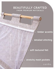 Calloo soft felt with timber accents add calm style to a kid’s room.