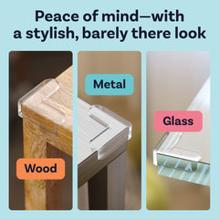 CalMyotis edge-safety bumpers transparent on table demonstrating protective cushioning.