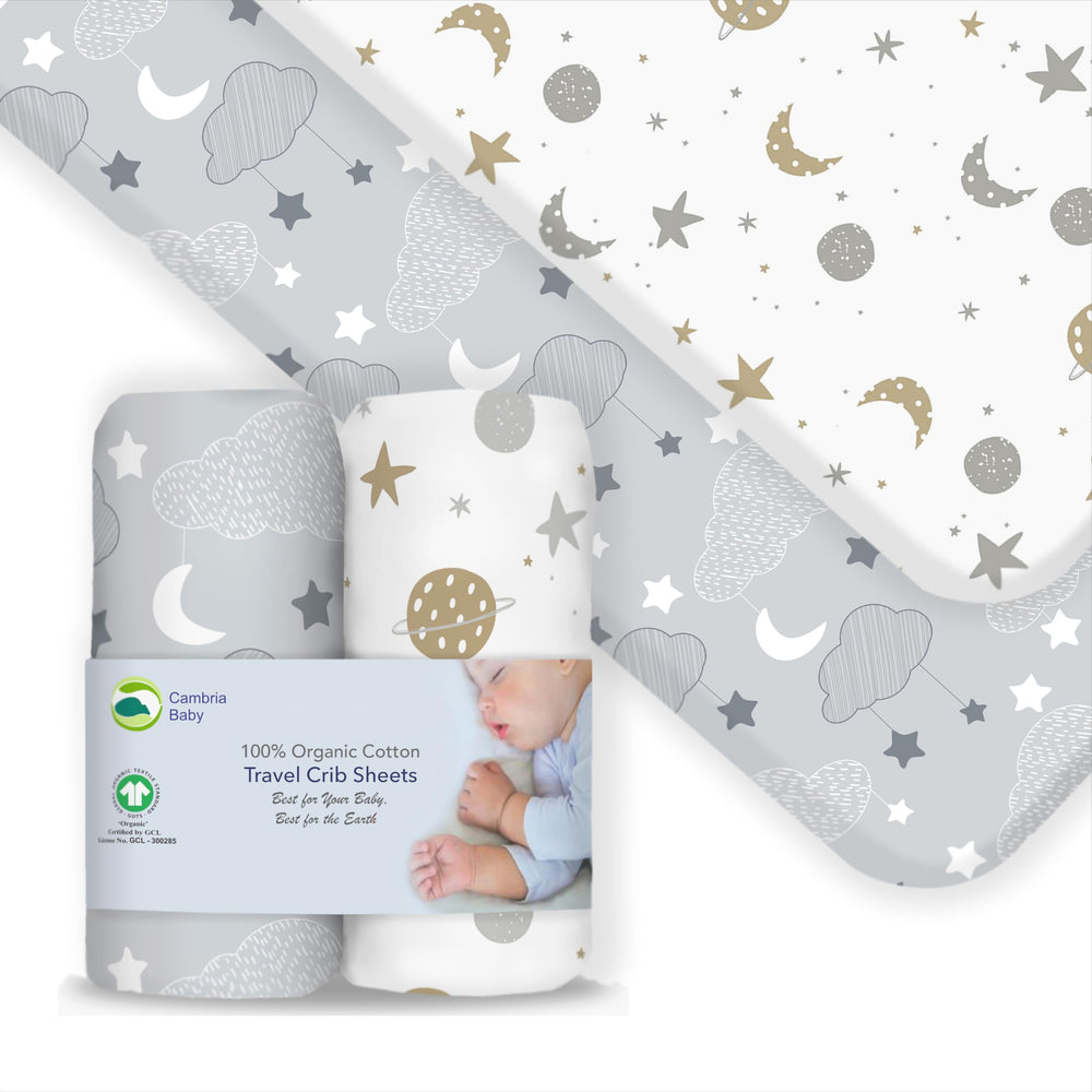 Cambria Baby organic cotton fitted travel crib sheet ready for 22-26x40-44 pads.