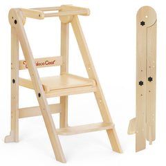 CaMecequter foldable wooden toddler stool in natural finish, compact and easy to store.