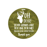 Canopy Street camo deer stop tag on car seat reminding others to keep hands away.