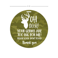 Canopy Street camo deer stop tag close-up showing durable plastic and wipe-clean surface.