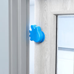 Cardea Solutions Happy Hands blue door stopper side view showing slim protection.