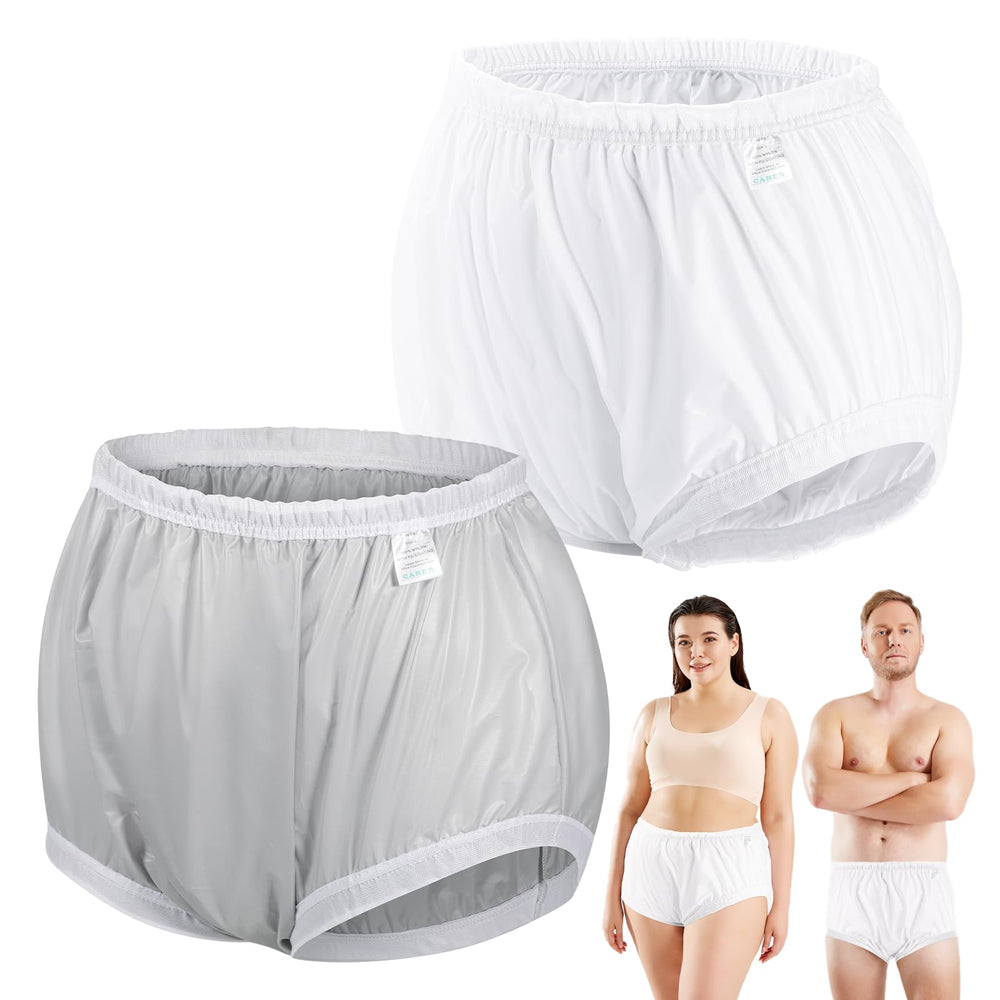 CARER adult diaper cover waterproof white with extended crotch for added leak protection.
