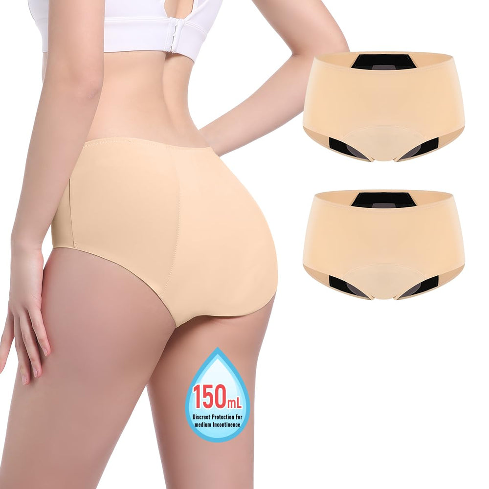 Carer incontinence underwear for women with front-back absorbent pad for daily protection.