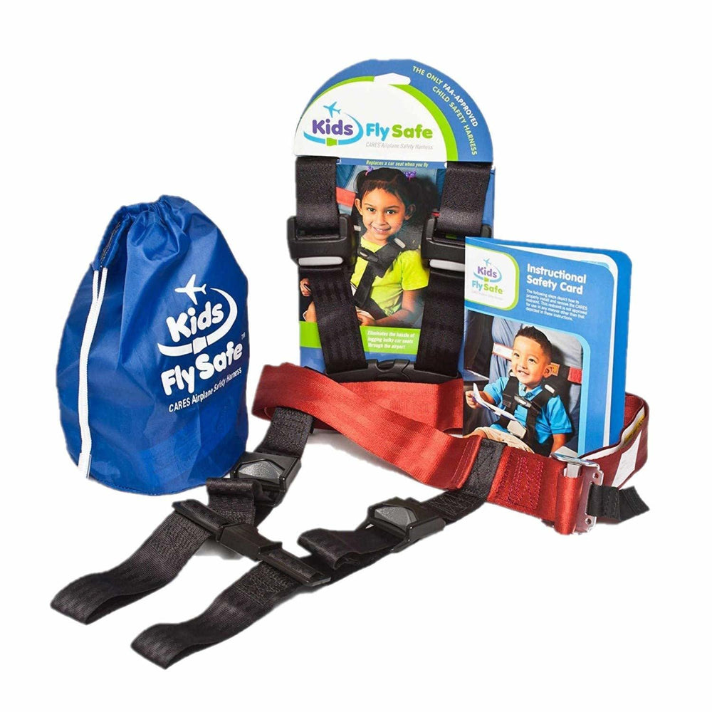 CARES harness attached to airplane seat for quick, secure child restraint.