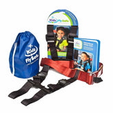 CARES harness attached to airplane seat for quick, secure child restraint.