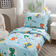 Caressma blue dinosaur comforter close-up highlighting soft microfiber feel for cozy nights