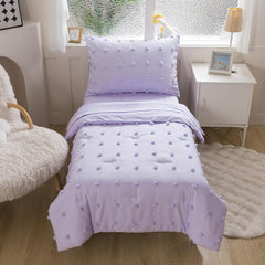 Caressma lavender fitted sheet fits standard toddler mattress securely.